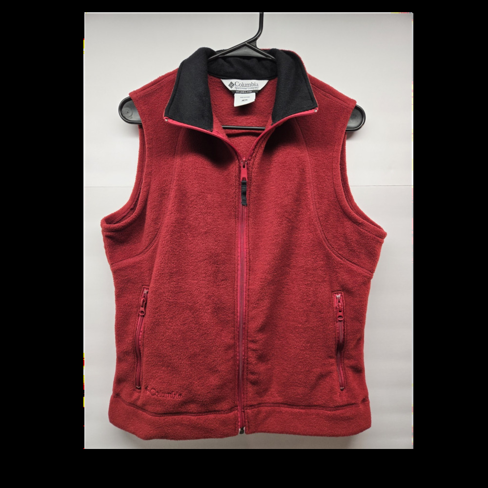 Columbia Women Dark Red Fleece Vest M Full Zip Zipped Pockets Outdoor Sleeveless